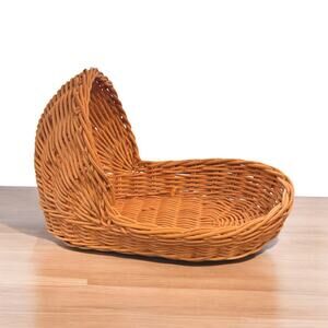 Vtg Hand Woven Cradle Bassinet Wicker Rattan Wood Doll Bear Primitive Hong Kong